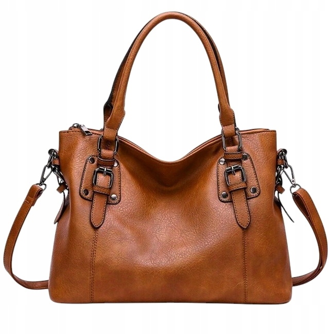 Torebka Damska Brązowa Pojemna na Ramię do Ręki Pasek Skóra Ekologiczna