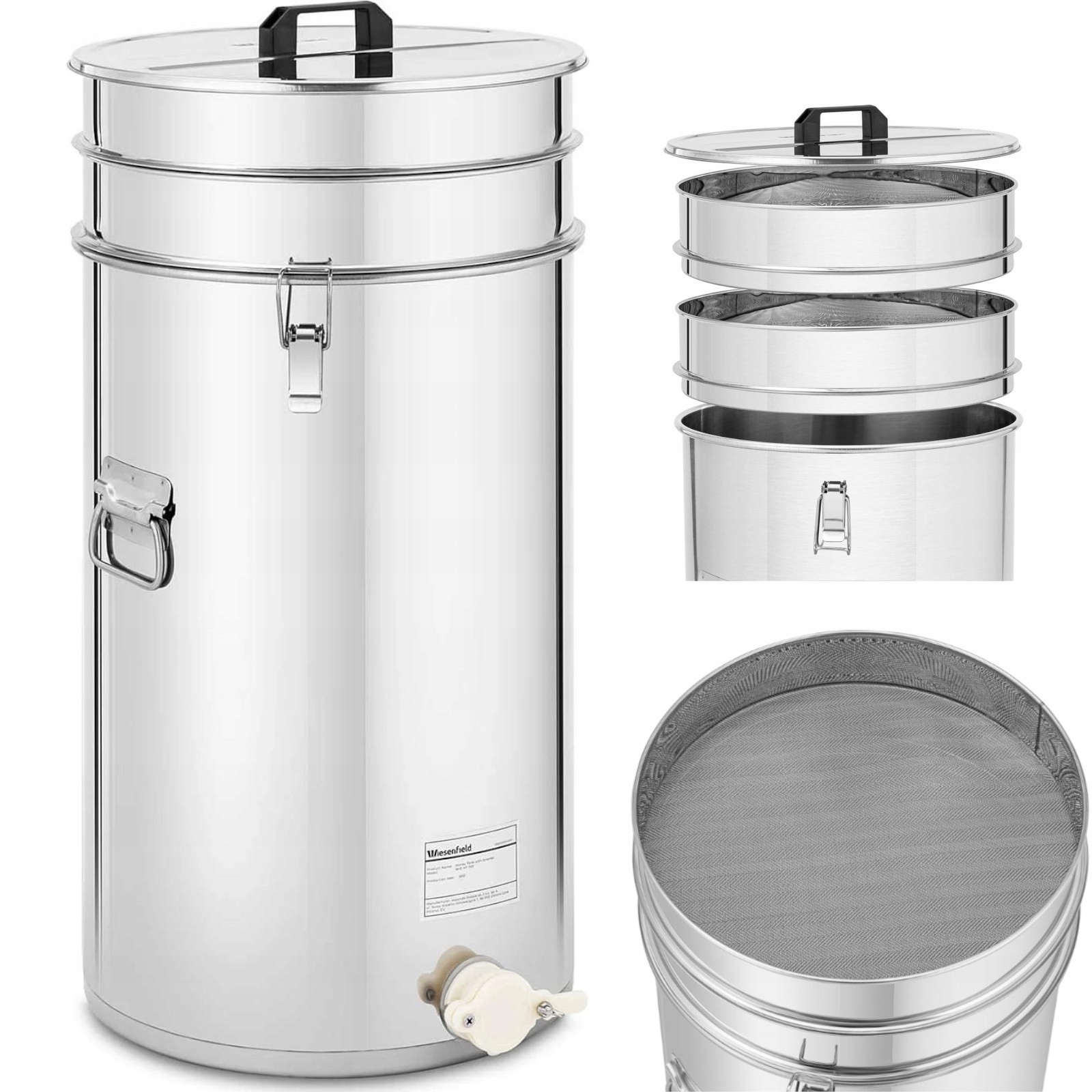 Oceľový oddeľovač medu so sitkom a vekom a ventilom 100 l