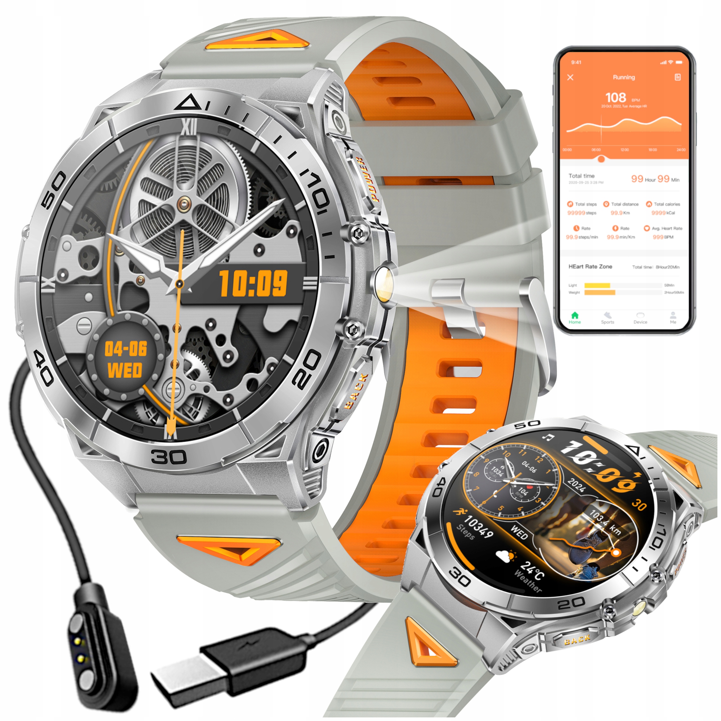 Smartwach męski zegarek terenowy szczelny IP68 Amoled GlacierX Dash Silver