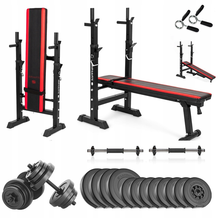 Siłownia Sapphire 36kg Zestaw kulturystyczny Ławka gryfy Obciążenia hantle