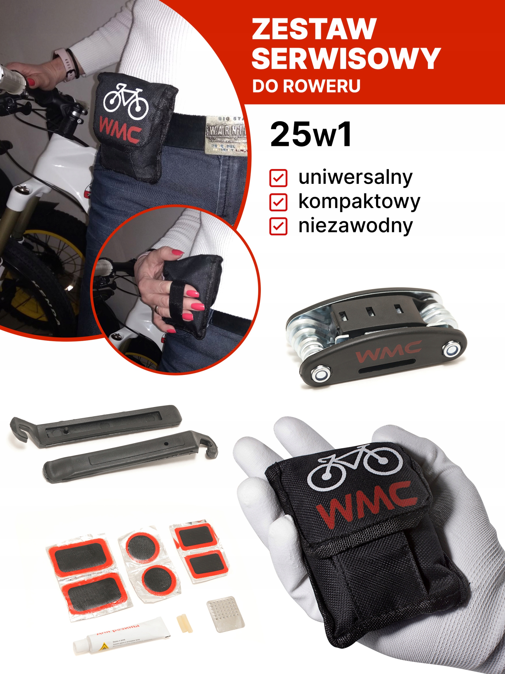 ZESTAW NAPRAWCZY ROWERU DĘTEK KÓŁ ŁATKI KLUCZ 25W1 Marka WMC TOOLS