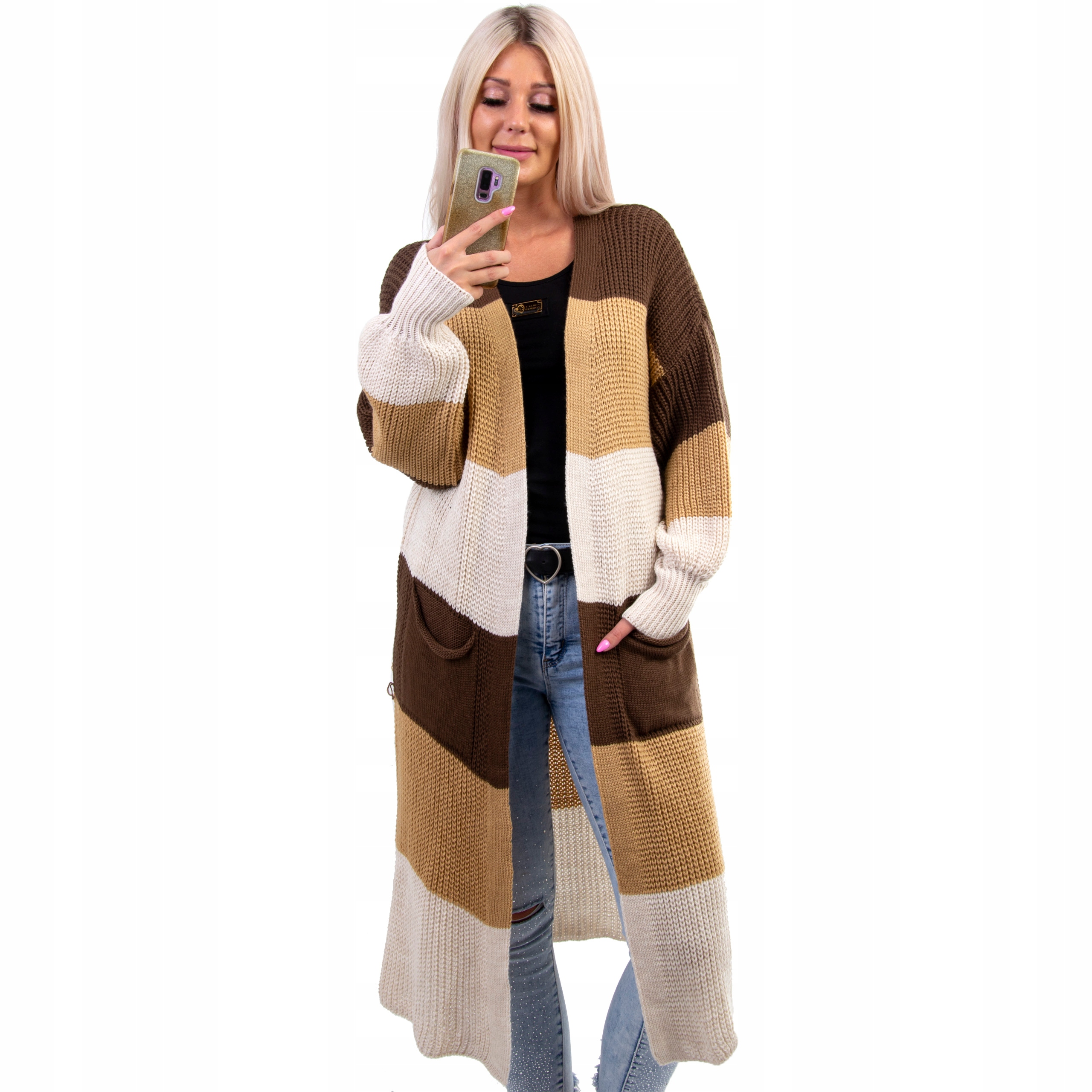 

F513 Sweter Kardigan Długi W Pasy
