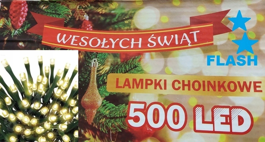 LAMPKI CHOINKOWE BIAŁE CIEPŁE Z FLESZEM 500 FLASH