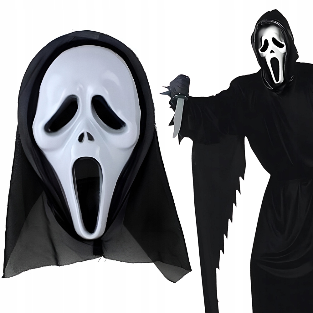 MASKA KRZYK Z KAPTUREM biała HORROR STRACH SCREAM przebranie na HALLOWEEN