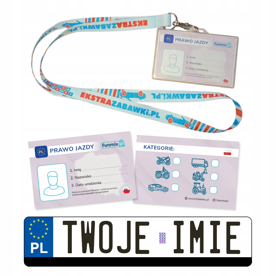 TABLICE Z IMIENIEM DZIECKA + PRAWO JAZDY + SMYCZ