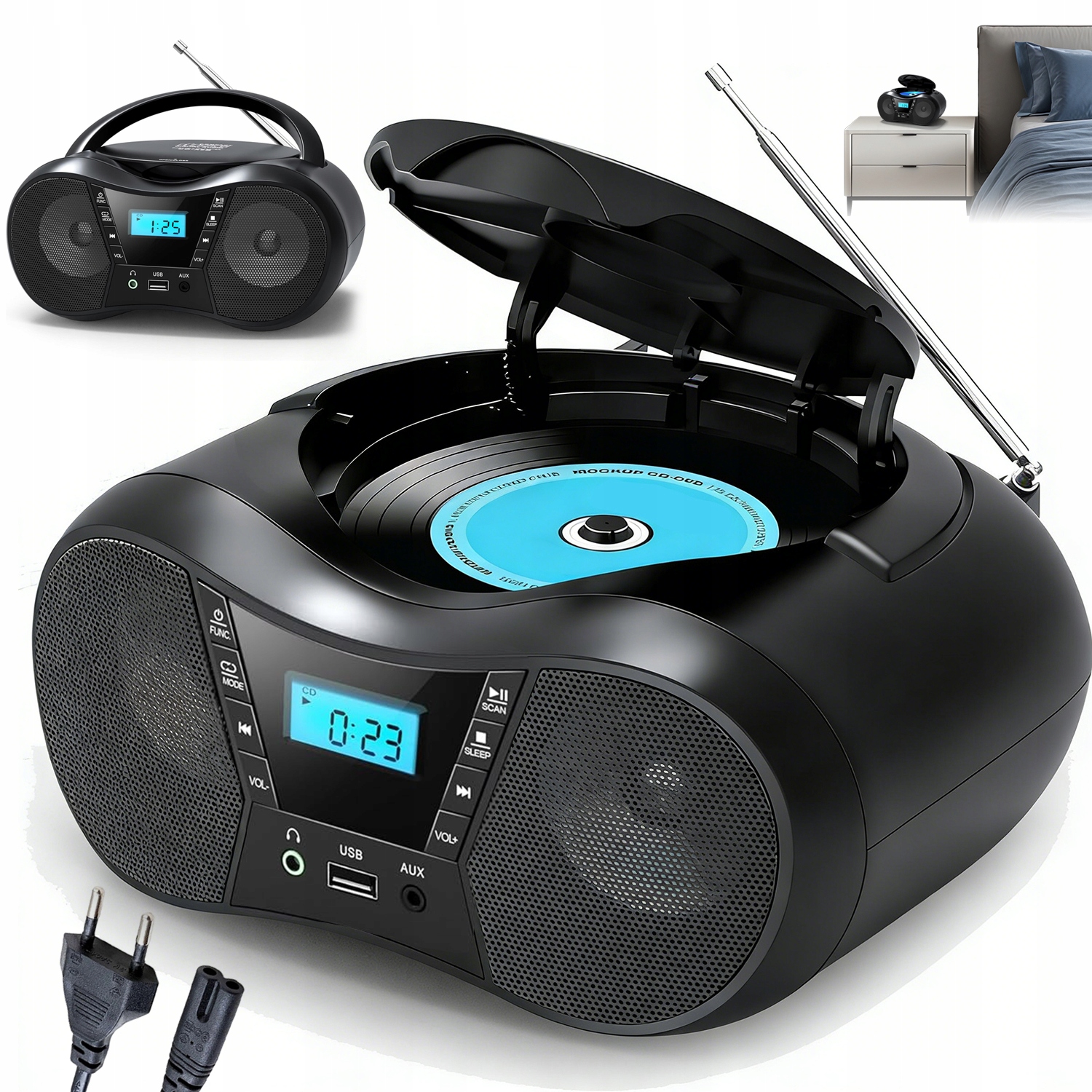 Přenosný Radiopřehrávač CD, Černý, Fm Rádio, Bluetooth Nebo Usb, Černý