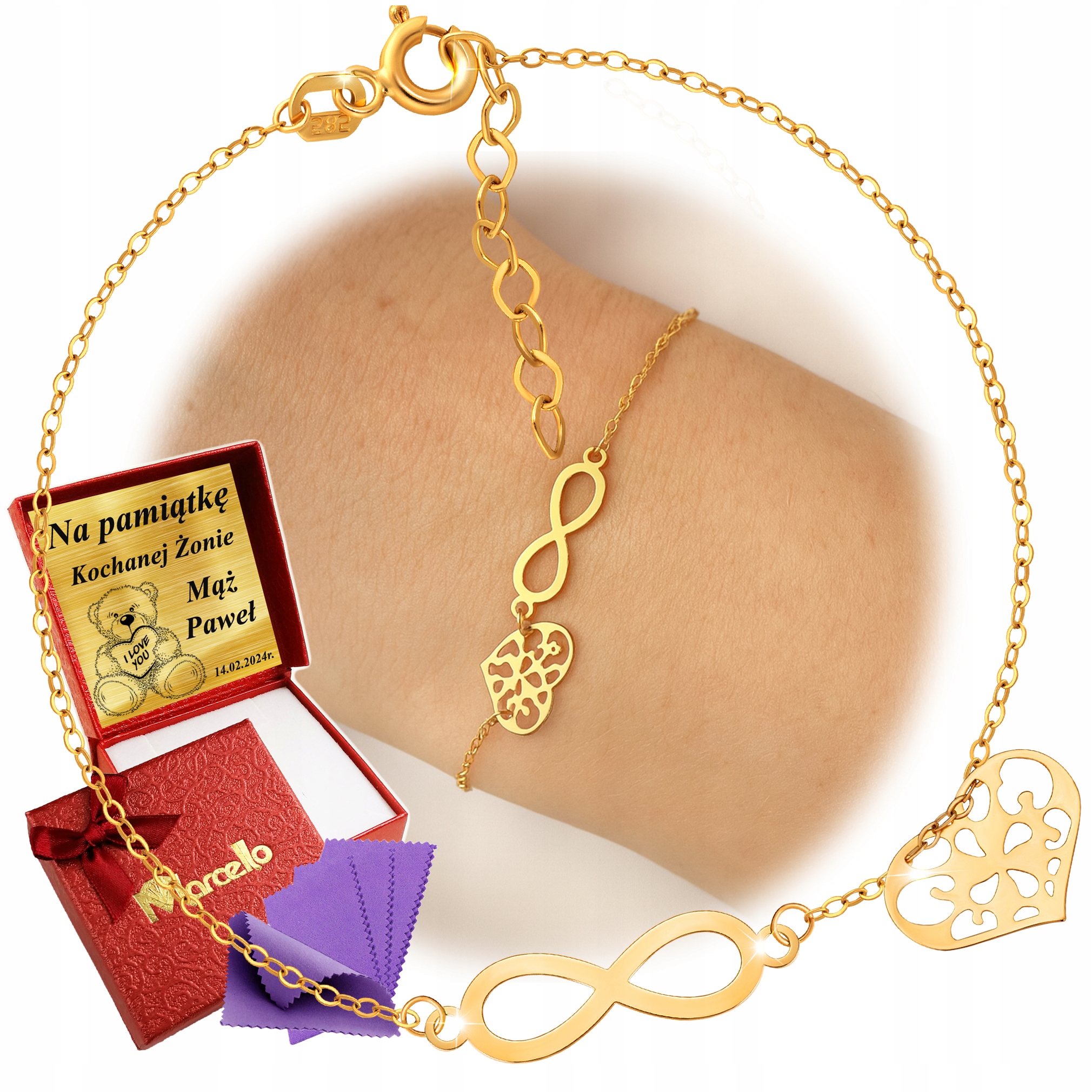 Złota Bransoletka Celebrytka Serce Nieskończoność Dla Kobiety