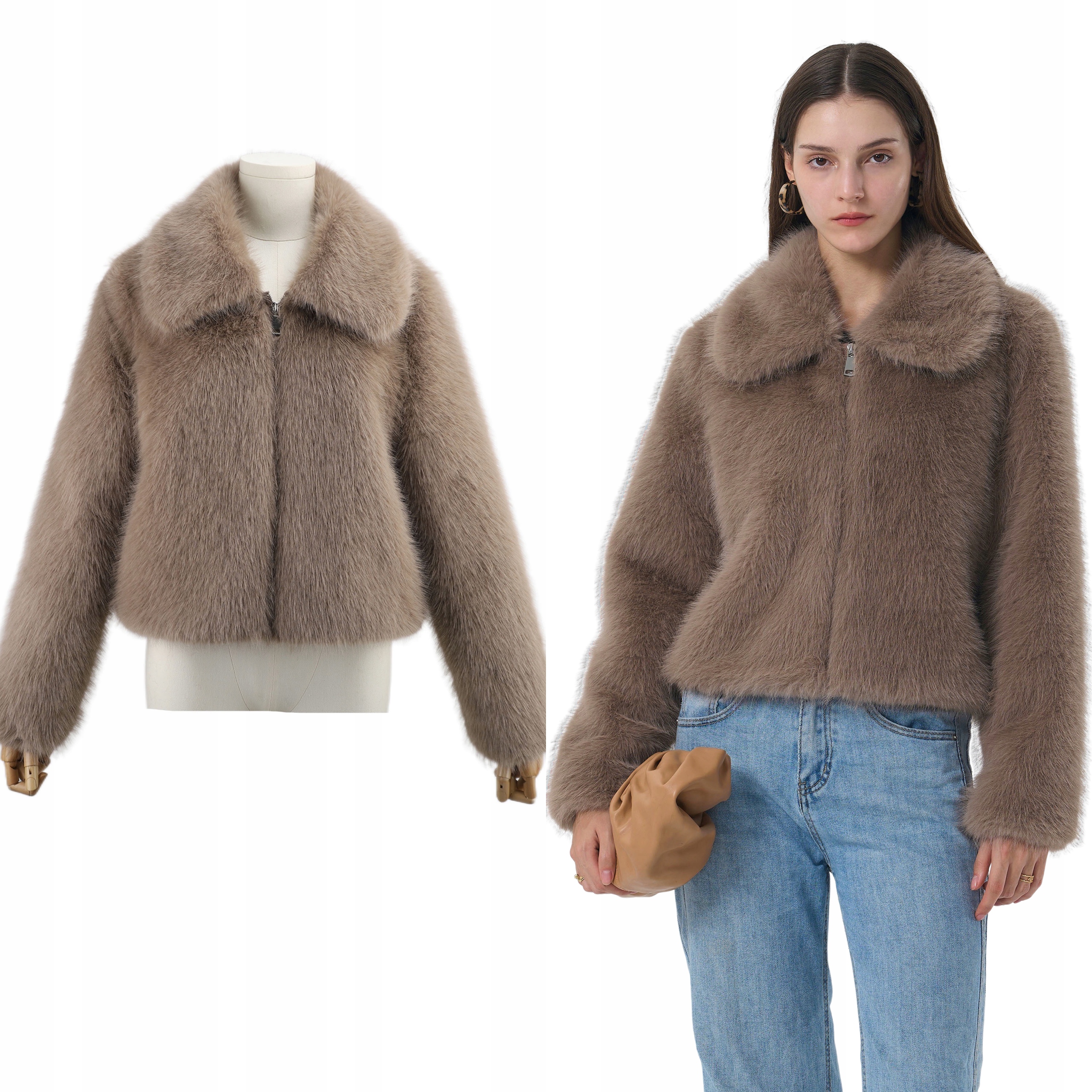 Dámská Bunda zimní lehká krátká kožešinová kožíšek s kapsami béžová