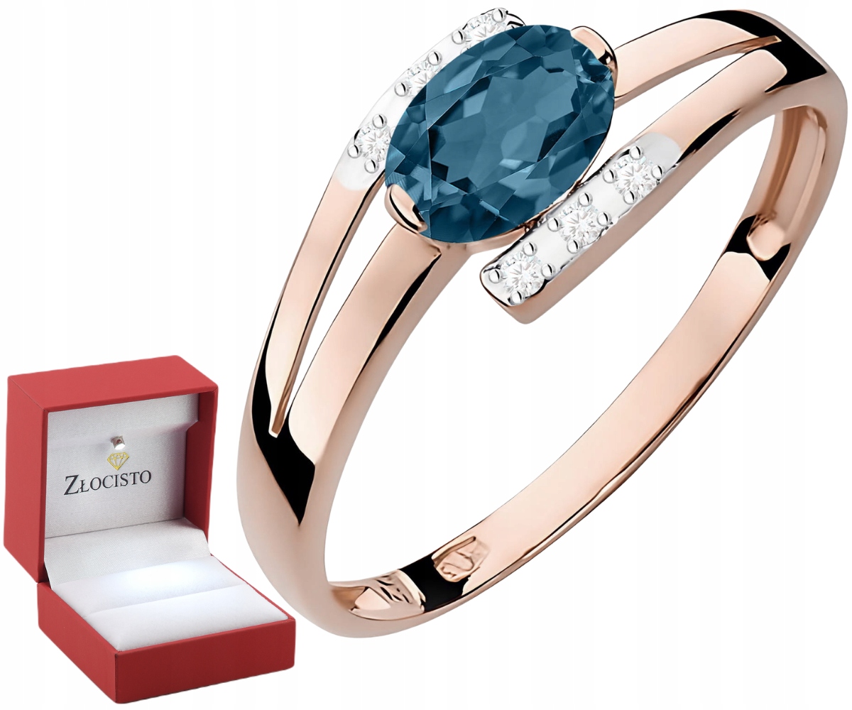 Złoty Pierścionek Z Topazem London Blue 0,50 Ct I Brylantami 585