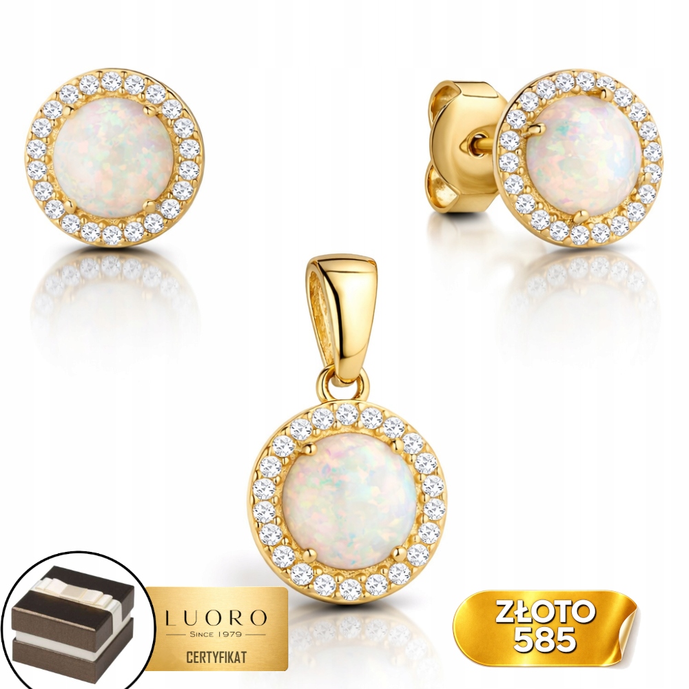 Komplet Zlatý 585 14K Náušnice Přívěsek Opál Zirkony Kolečko 1,5 CM