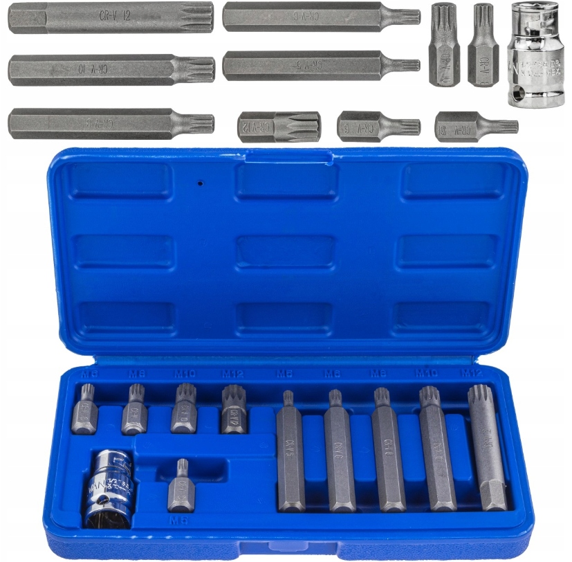 Klucze Końcówki Wkrętakowe Bity Spline M5-M12 1/2 30MM 3/8 75MM Zestaw 11EL