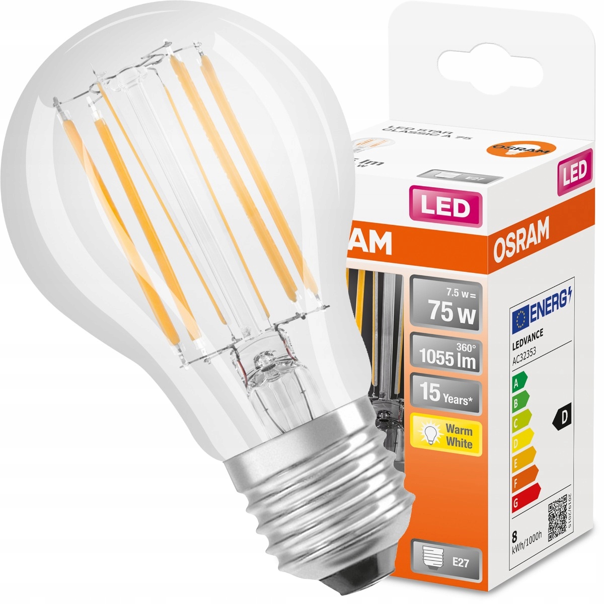 

Żarówka Led E27 A60 7,5W 75W 2700K Filament Osram