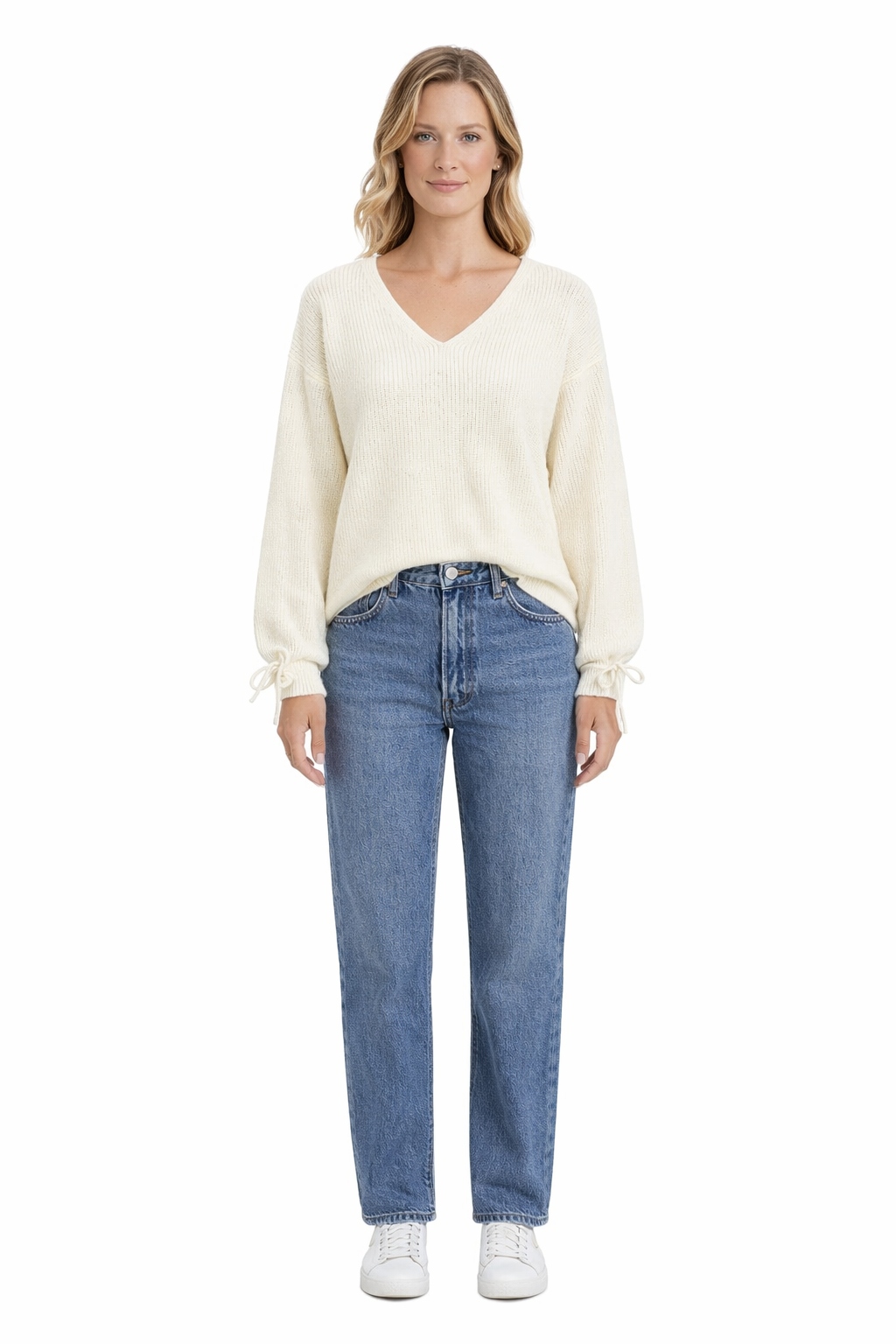 Krémový Svetr Se Zavazováním Na Rukávech A Výstřihem V S/m 1I3A