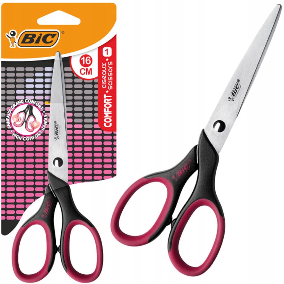 NOŻYCZKI DLA DZIECI BIC COMFORT 16CM - CZARNO-RÓŻOWE