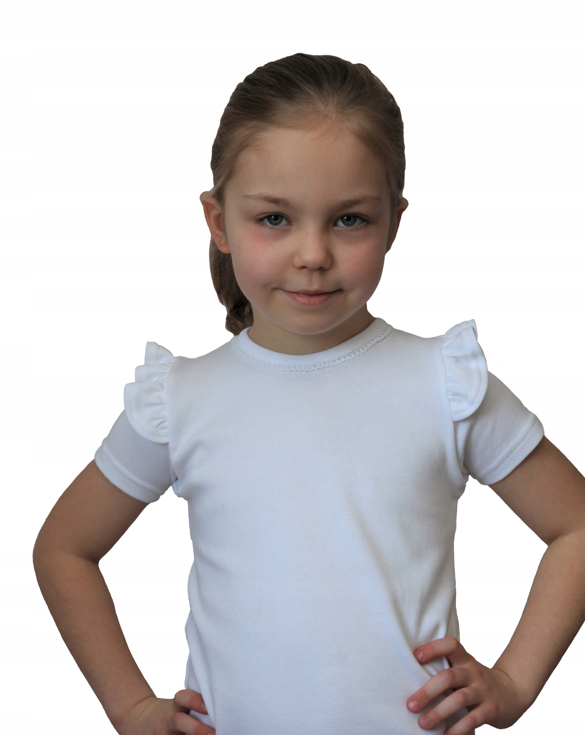 BLUZKA BIAŁA Z FALBANKĄ KRÓTKI RĘKAW ROZ. 104