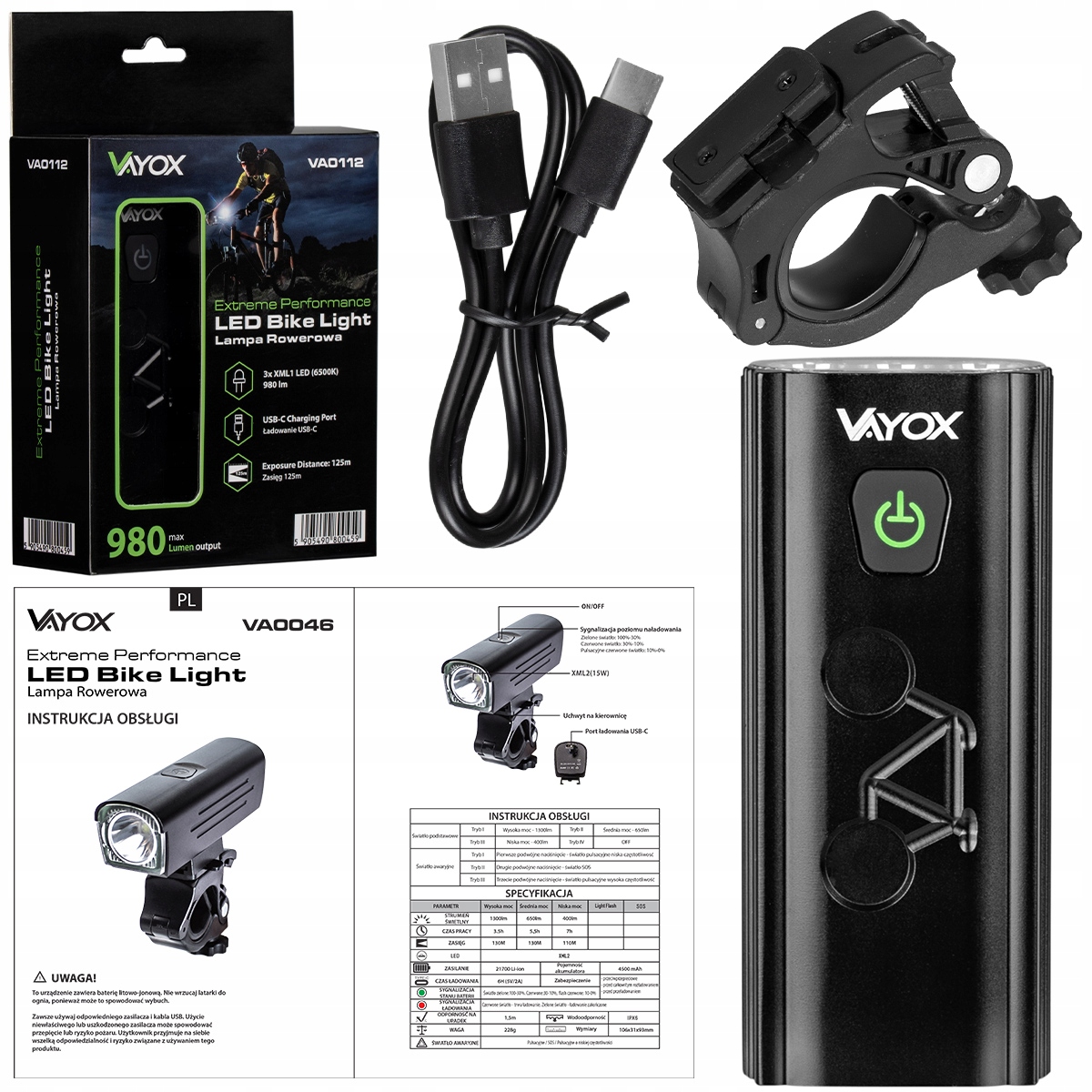OŚWIETLENIE ROWEROWE LAMPKA PRZEDNIA LAMPA DO ROWERU LED USB-C 980lm VAYOX Stan opakowania oryginalne