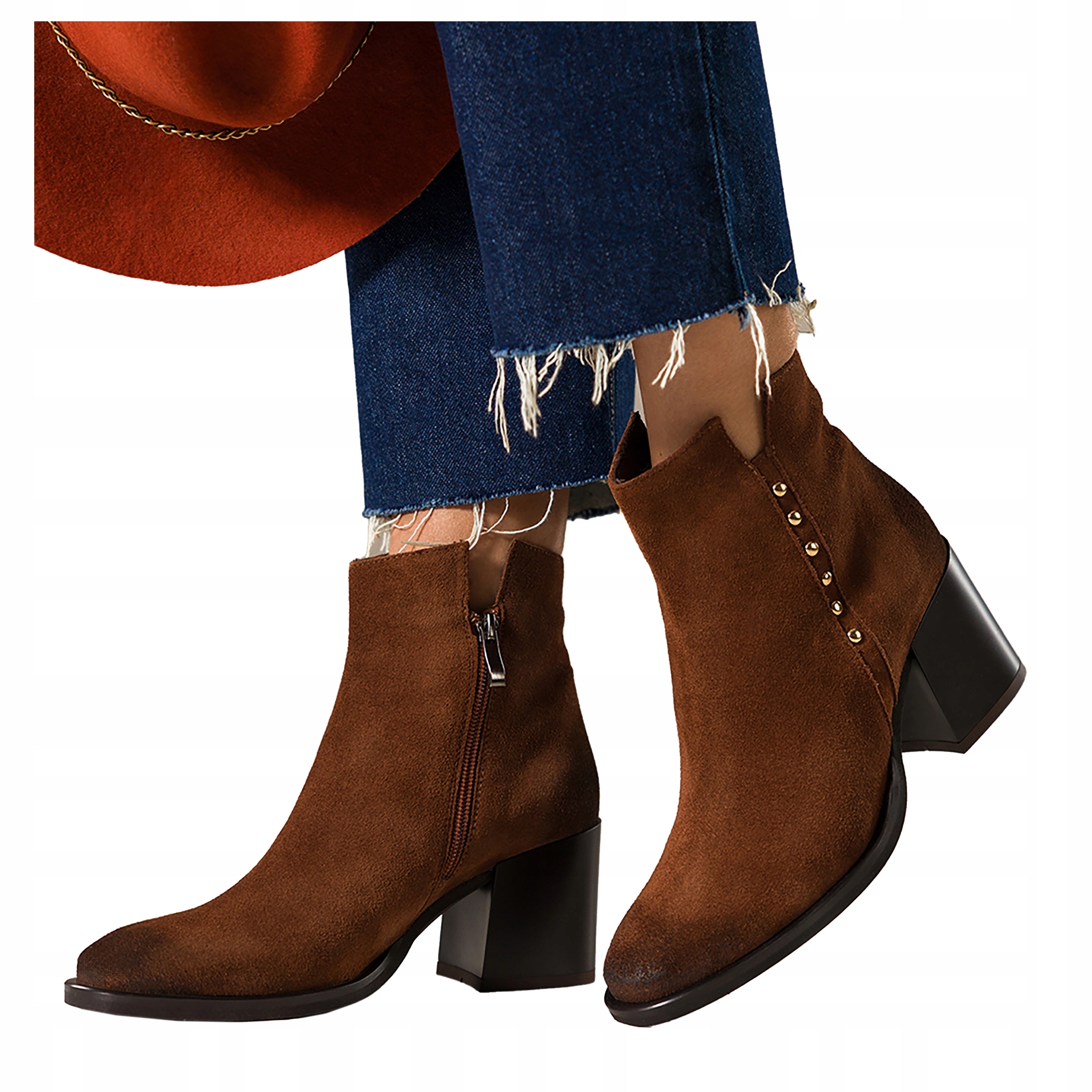 Dámské Kotníkové Boty Kaštanové Široký sloupek Zlaté Nýty Pohodlné velikost 41