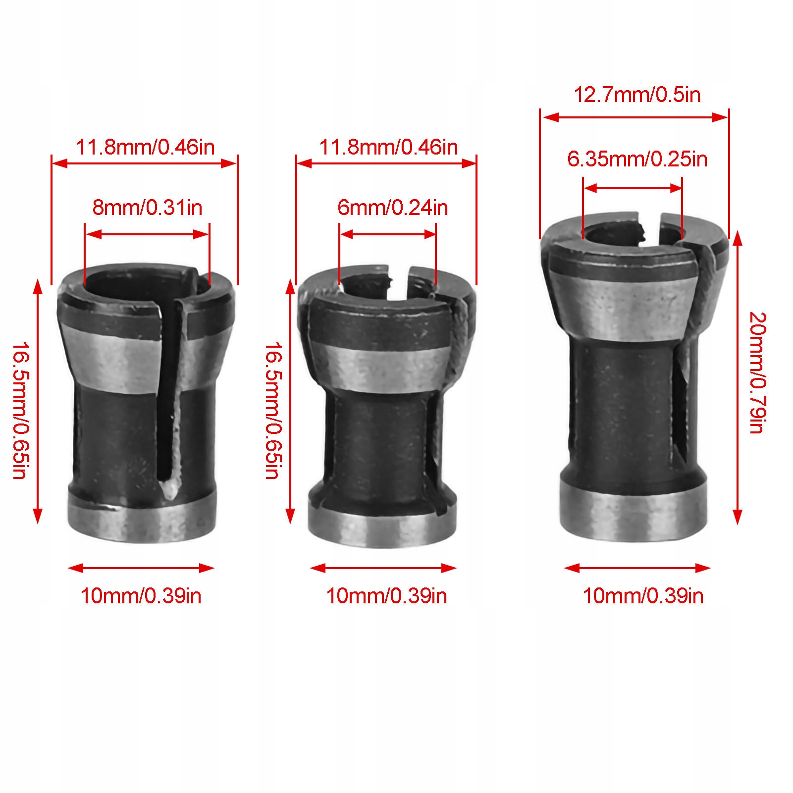 ZESTAW 3 TULEJEK REDUKCJI FREZARKI 6/6,35/8MM Rodzaj frezu inny