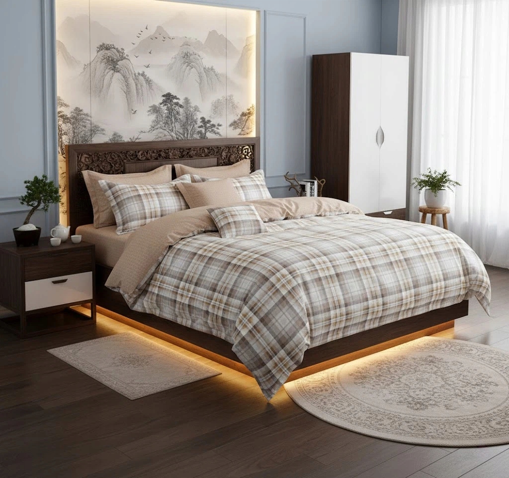 Bavlněná sada ložního prádla béžová kostka pro dvoulůžko 160x200 cm