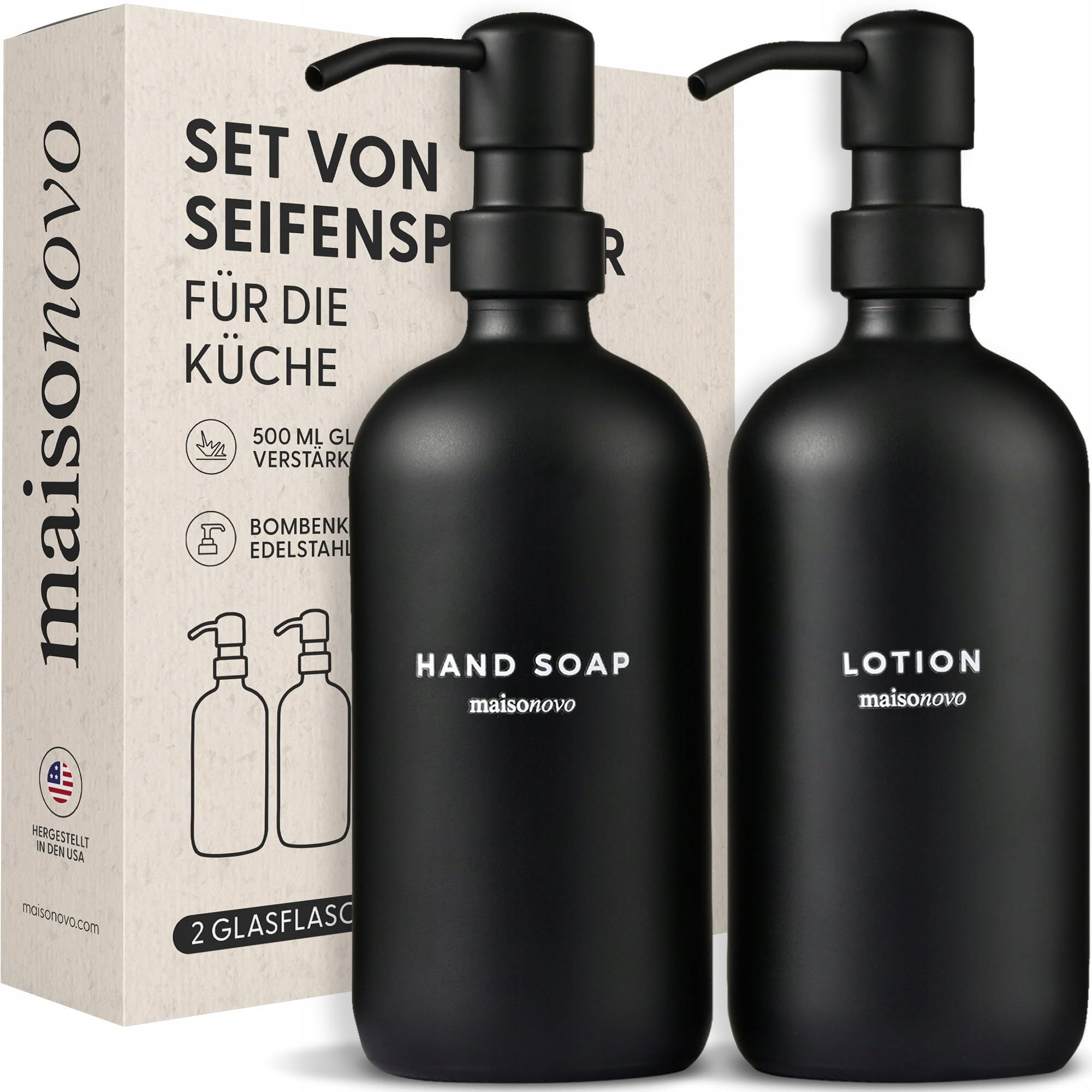 Sada dávkovačů mýdla MaisoNovo 2 kusy 500 ml Černá Sklo Koupelna