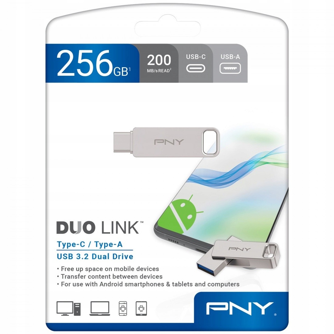 SZYBKI Pen-drive 256GB PNY USB-3.2+USB-C Typ-C DUO-Link DUAL 200MB/s Interfejs USB 3.2 USB 3.1 typ C