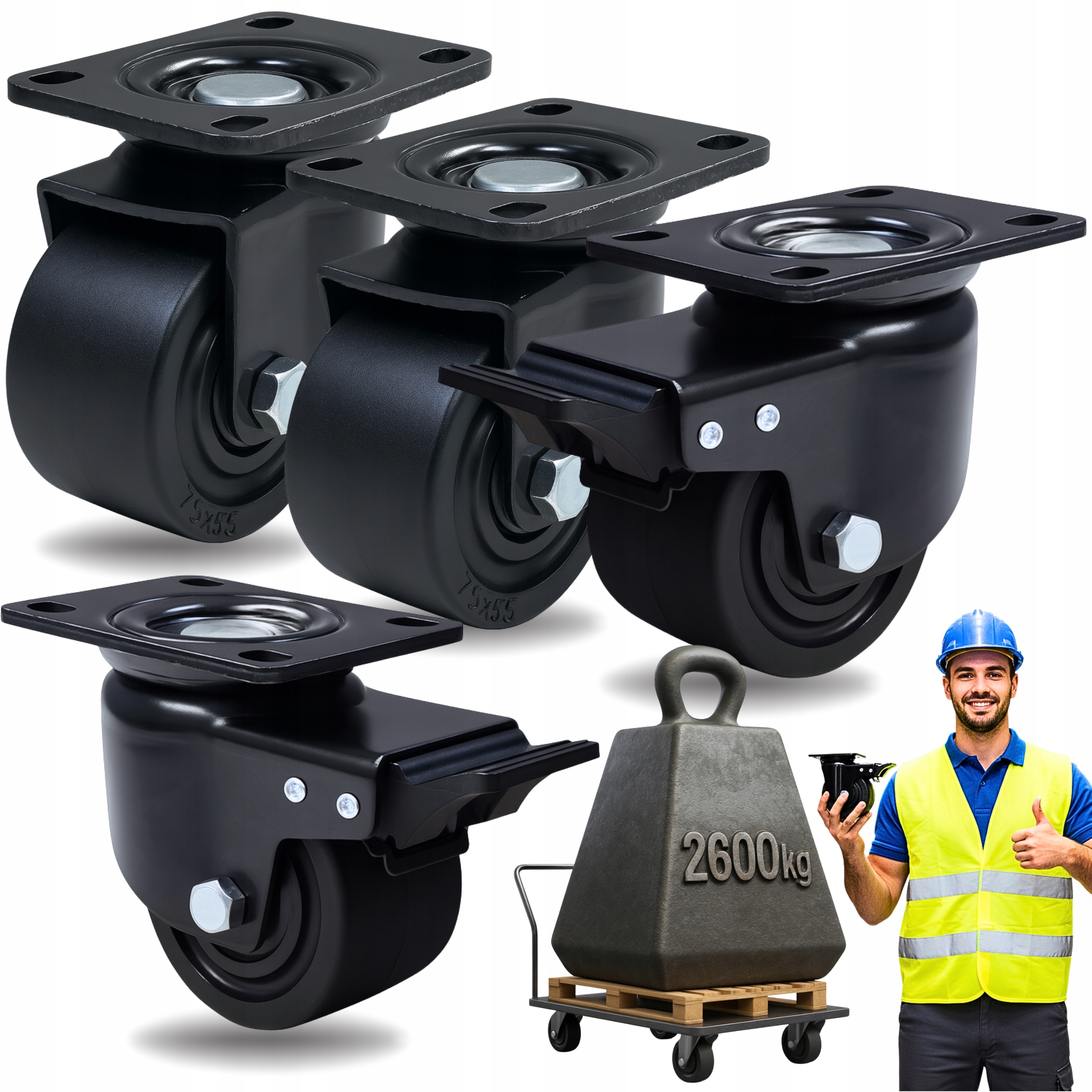 Kolečka 75mm Otočná s Brzdou Set 4ks pro Velké Zatížení 2600KG Silné