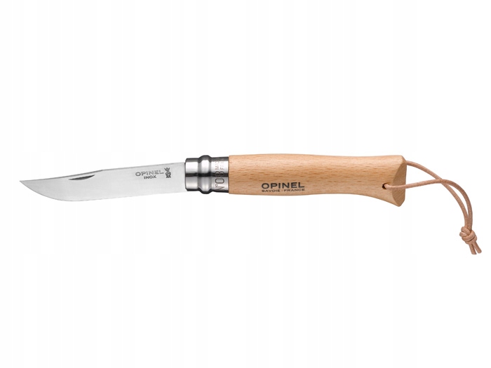 Nóż Opinel Inox No 8 rękojeść drewniana bukowa, składany z rzemieniem