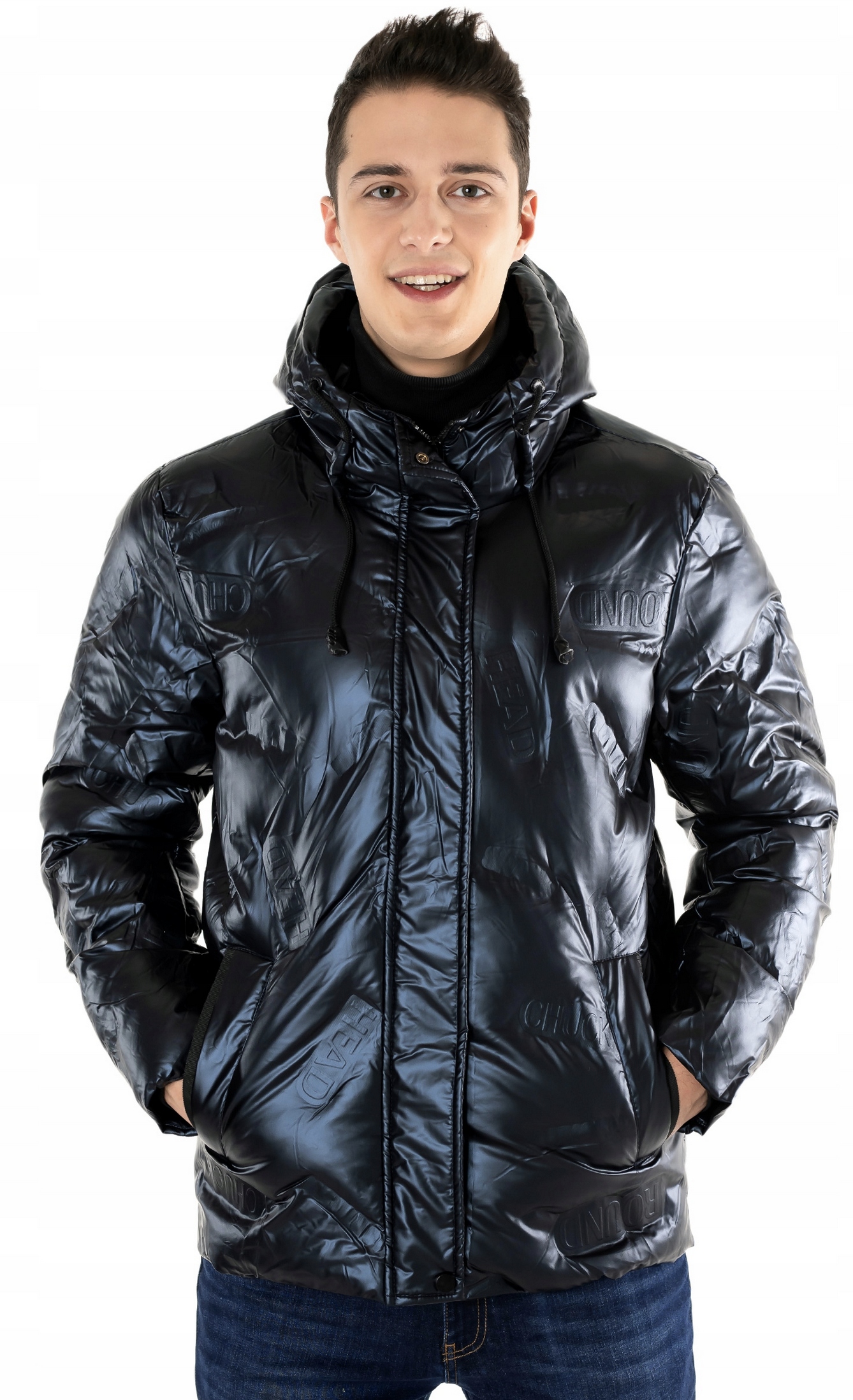 Teplá péřová pánská zimní zateplená bunda v modré barvě Kapuce 36015-02 XXL