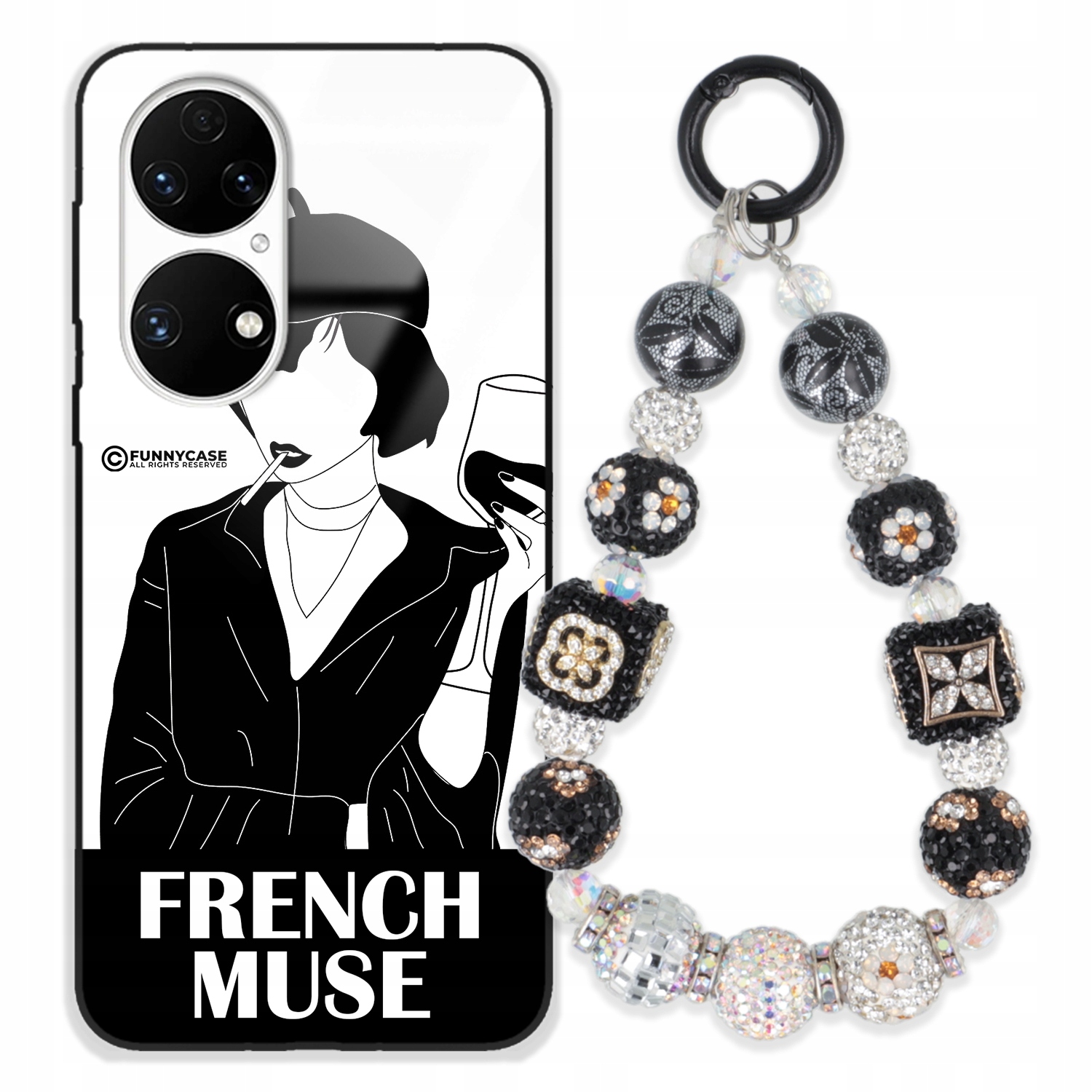 Puzdro Na Huawei P50 Glass, Ženské, Čierno-biele Strieborný Prívesok S Zirkónmi