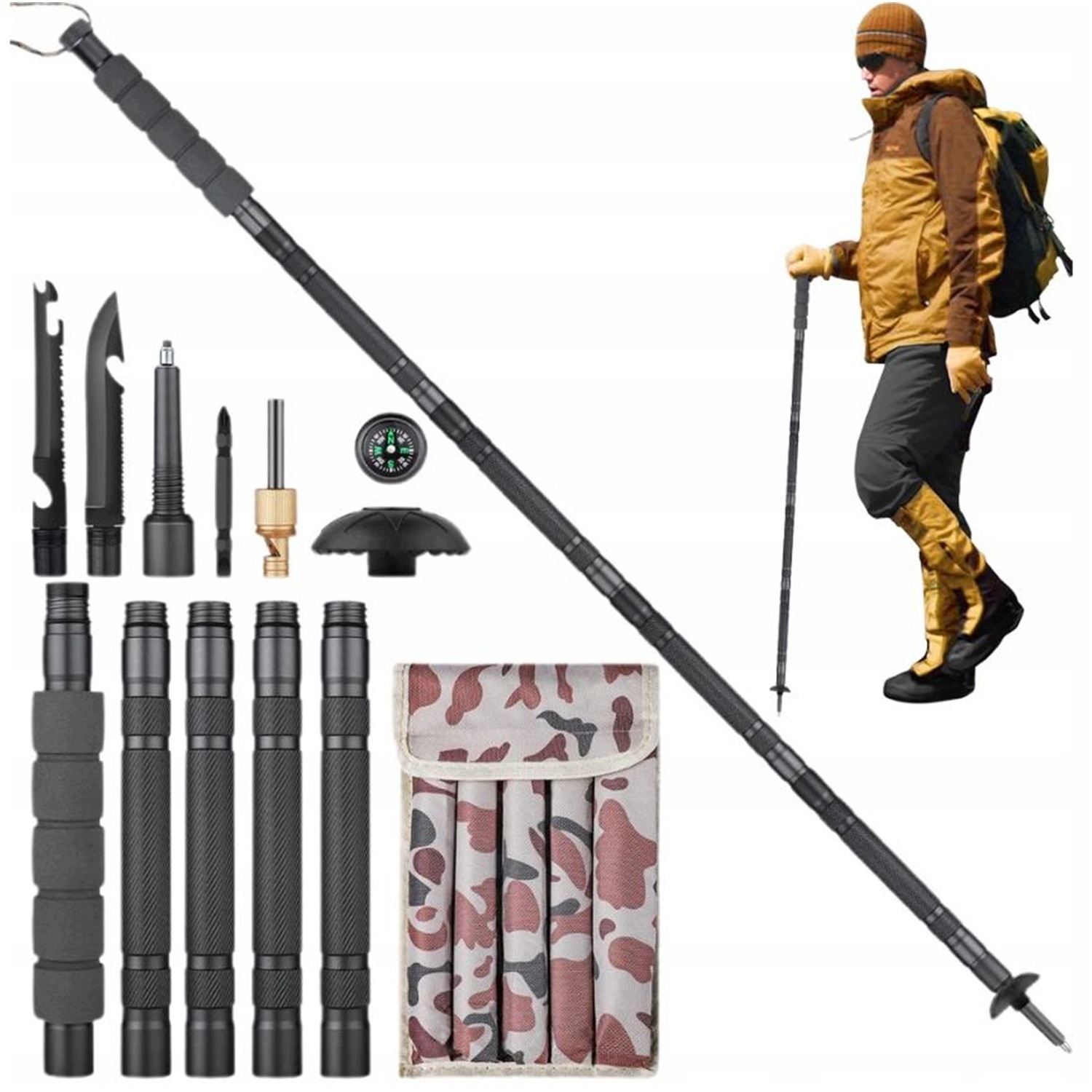 Kijki Trekkingowe Teleskopowe Czarne 106CM Aluminium Kompas Gwizdek Surv