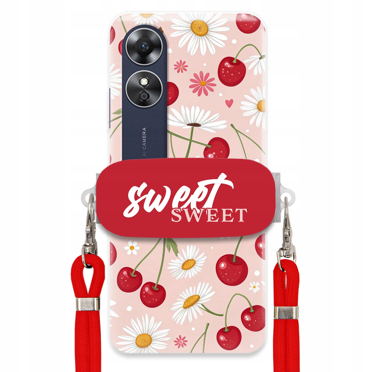 Puzdro pre Oppo A17 Červené vodítko Crossbody držiak Sweet Sweet Kvet čerešne