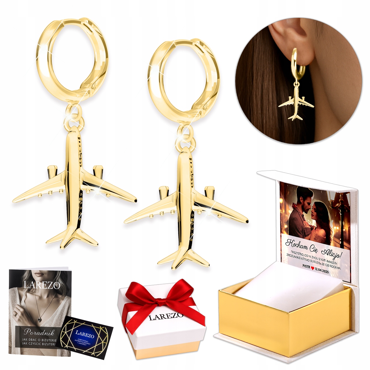 Zlaté Náušnice 925 s Letadlem Visací Anglické Kroužky Letadlo Letadla