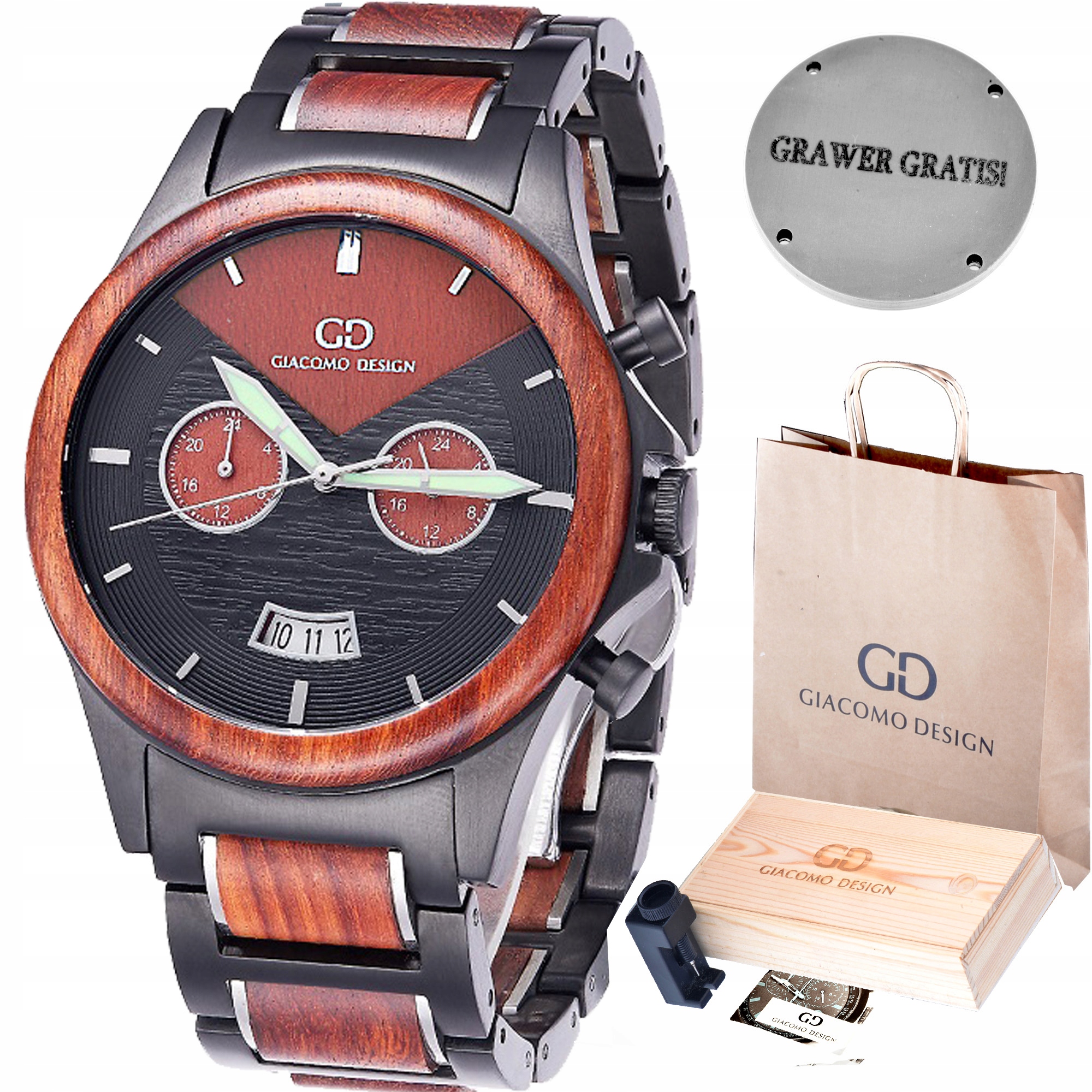 

Drewniany zegarek Męski Giacomo Design GD48 +Stal