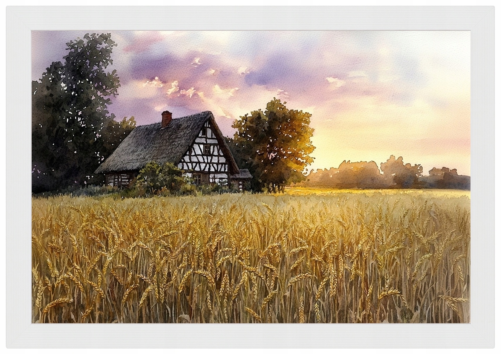 Plakát Rámeček Dřevo Krajina Venkov Dům Pole Obilí Klasy Léto 93x62
