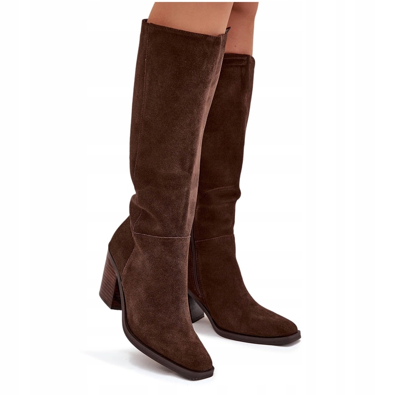 Dámské Kozačky Na Semišovém Podpatku Před Kolenem S Čokoládovým Zipem, Velikost 40
