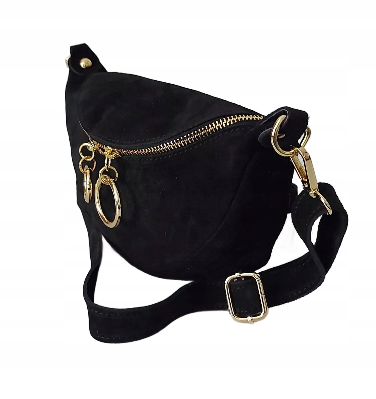 Měkká Kožená Semišová Kabelka Přes Rameno Ledvinka Zlaté Kování Kolečka Černá