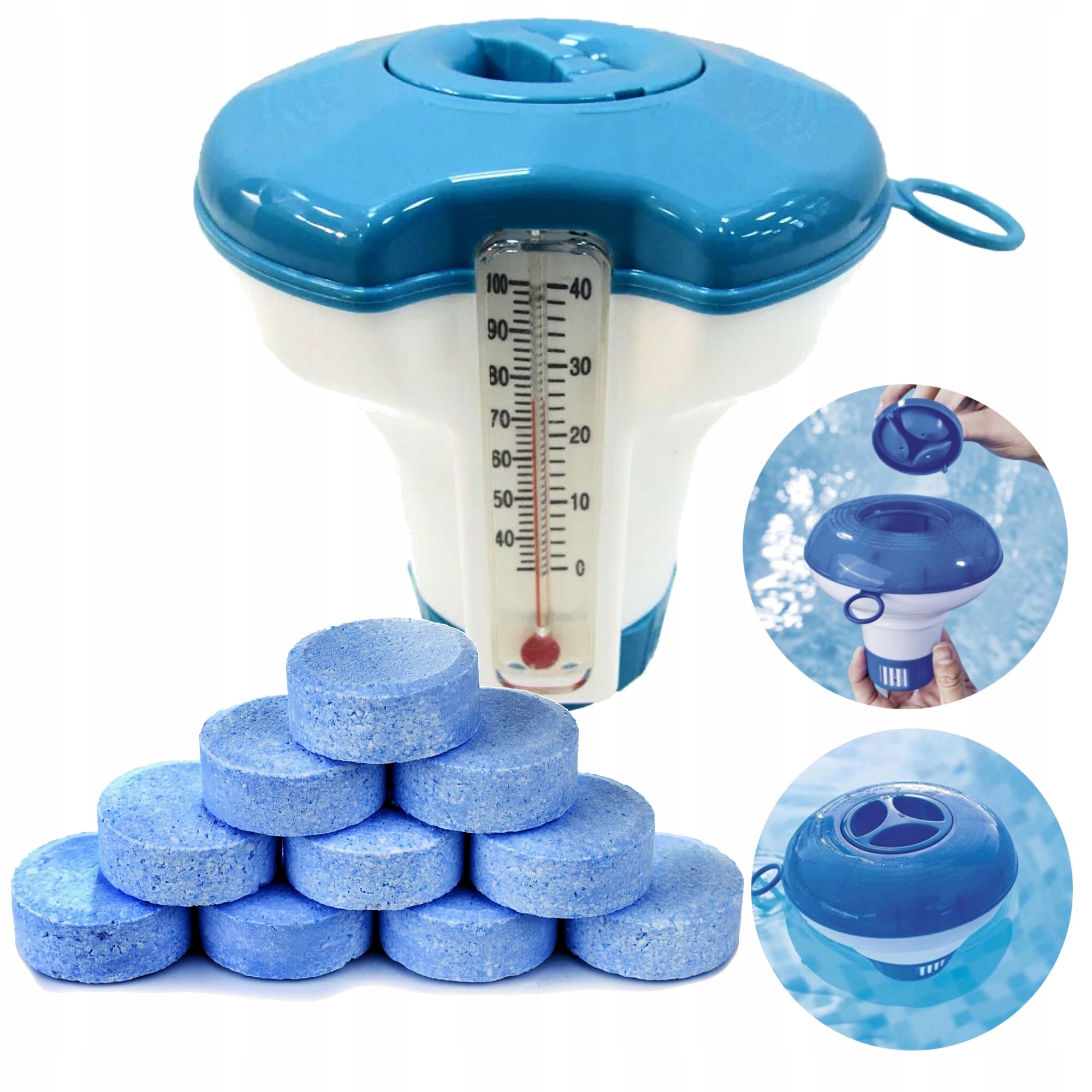 CHEMIA CHLOR TABLETKI DO BASENU 10w1 10x 20g + MOCNY DOZOWNIK Z TERMOMETREM