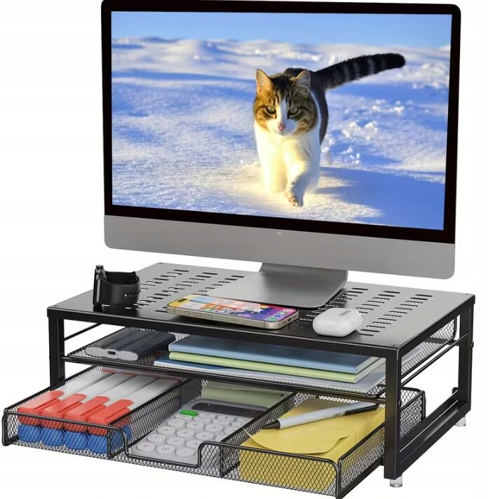Podstavec Pod Monitor Notebooku Na Psací Stůl Černý S Kovovou Zásuvkou