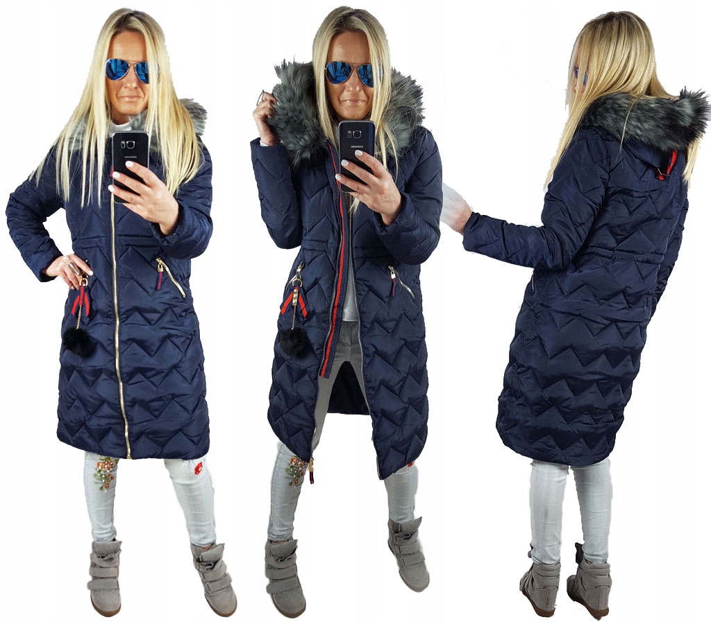 

Pikowany Długi Płaszcz Kurtka Zygzak Parka Futro S