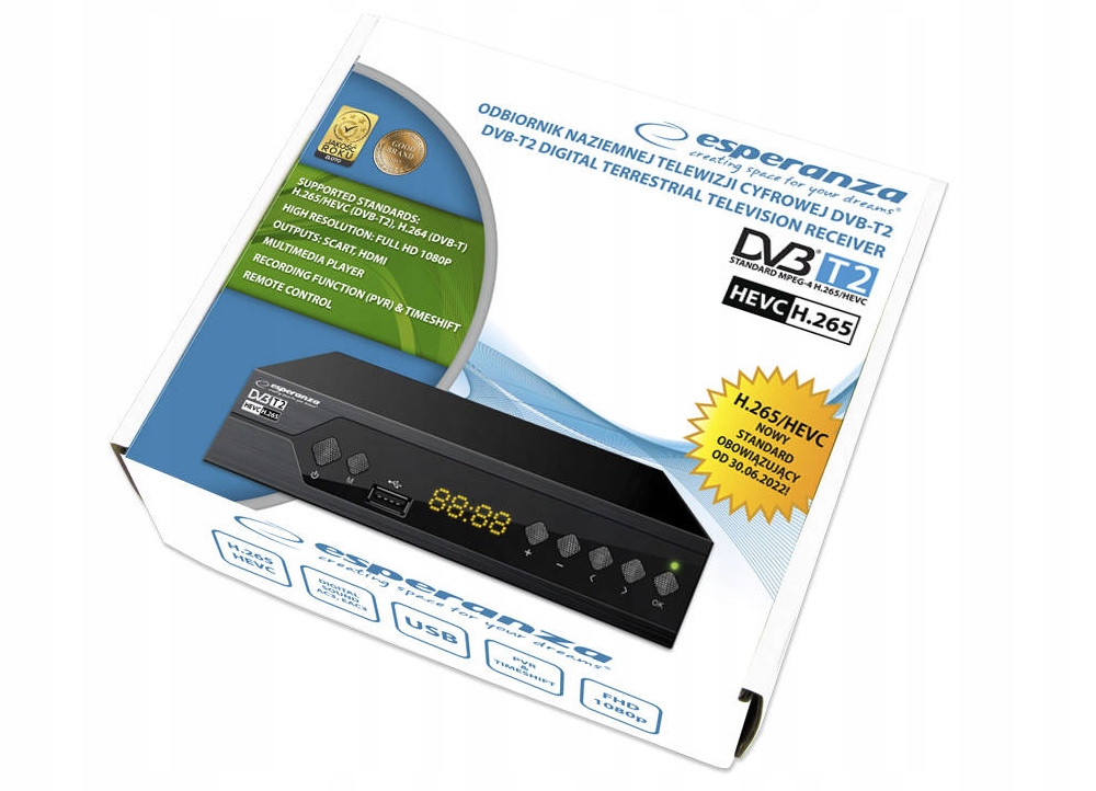 Tuner Dekoder DVB-T2 HEVC H.265 ESPERANZA EV107R Wysokość produktu 5 cm