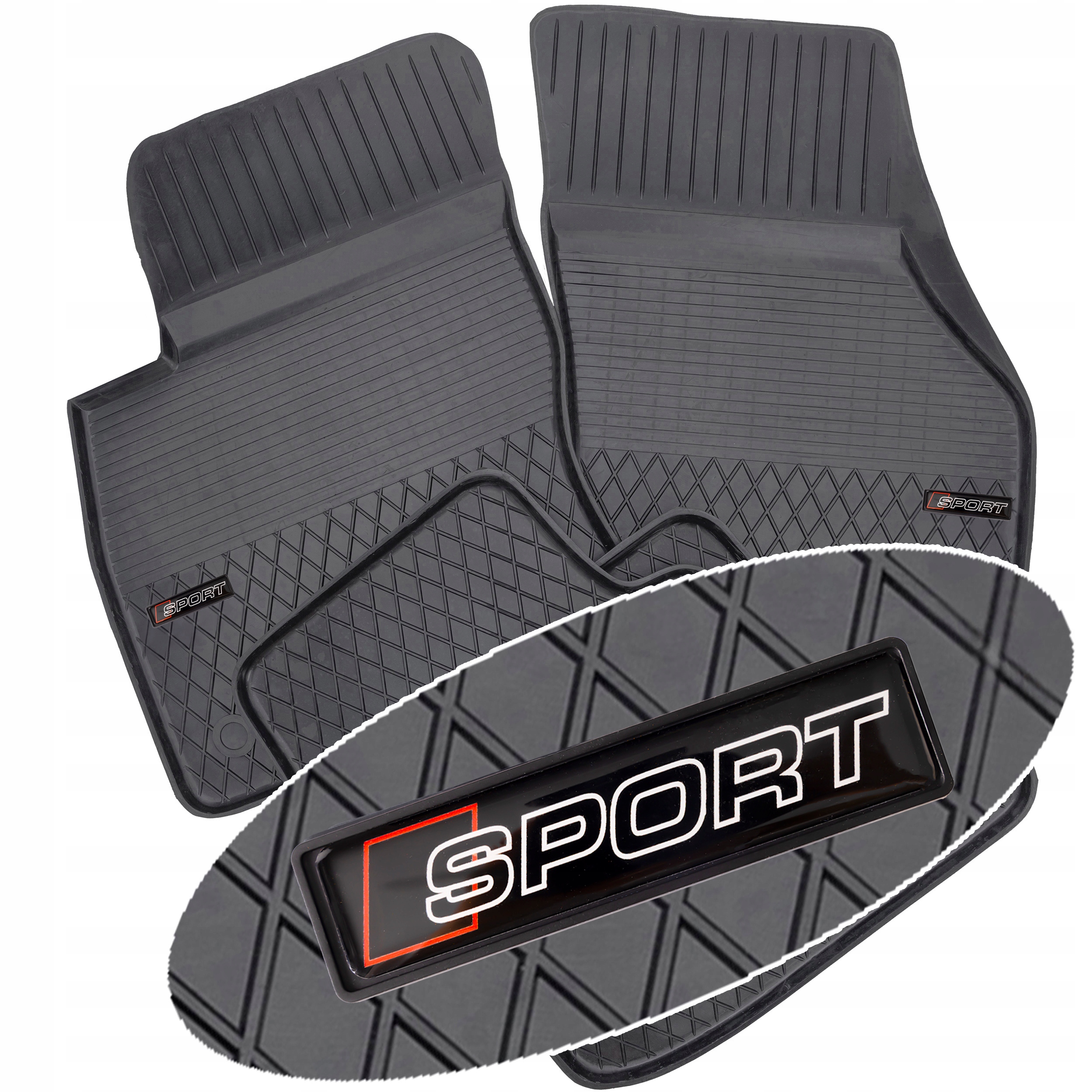 Wycieraczki gumowe do samochodu KORYTKA MATGUM KOMPLET + EMBLEMAT