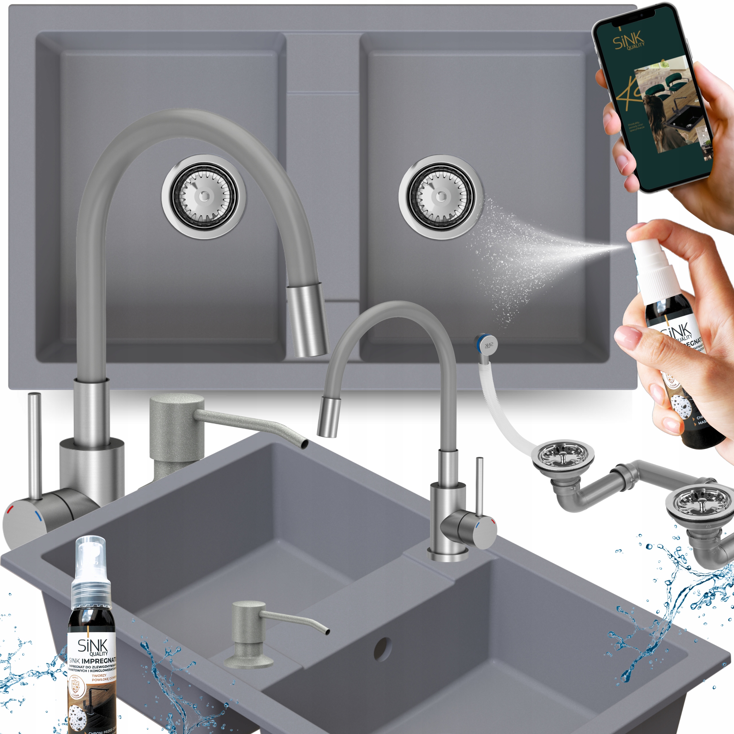 Dvoukomorový Granitový Dřez Šedý s kuchyňskou Baterií dávkovač Sifon