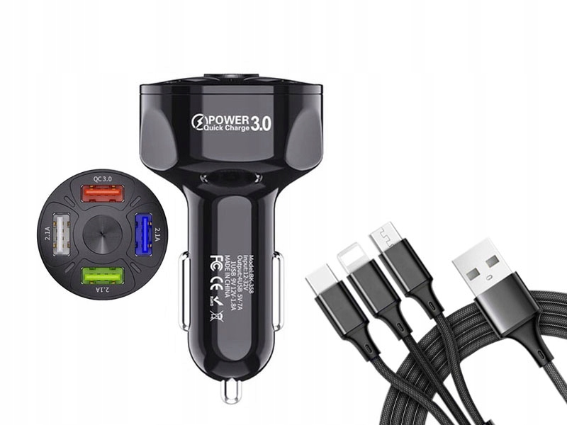 

Samochodowa Ładowarka Qc 7A 4xUSB Kabel Usb 3w1