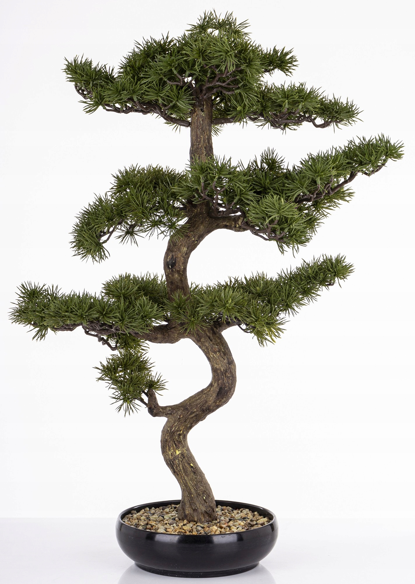 Zelená rastlinná dekorácia v čiernom kvetináči, umelý kvet strom bonsai