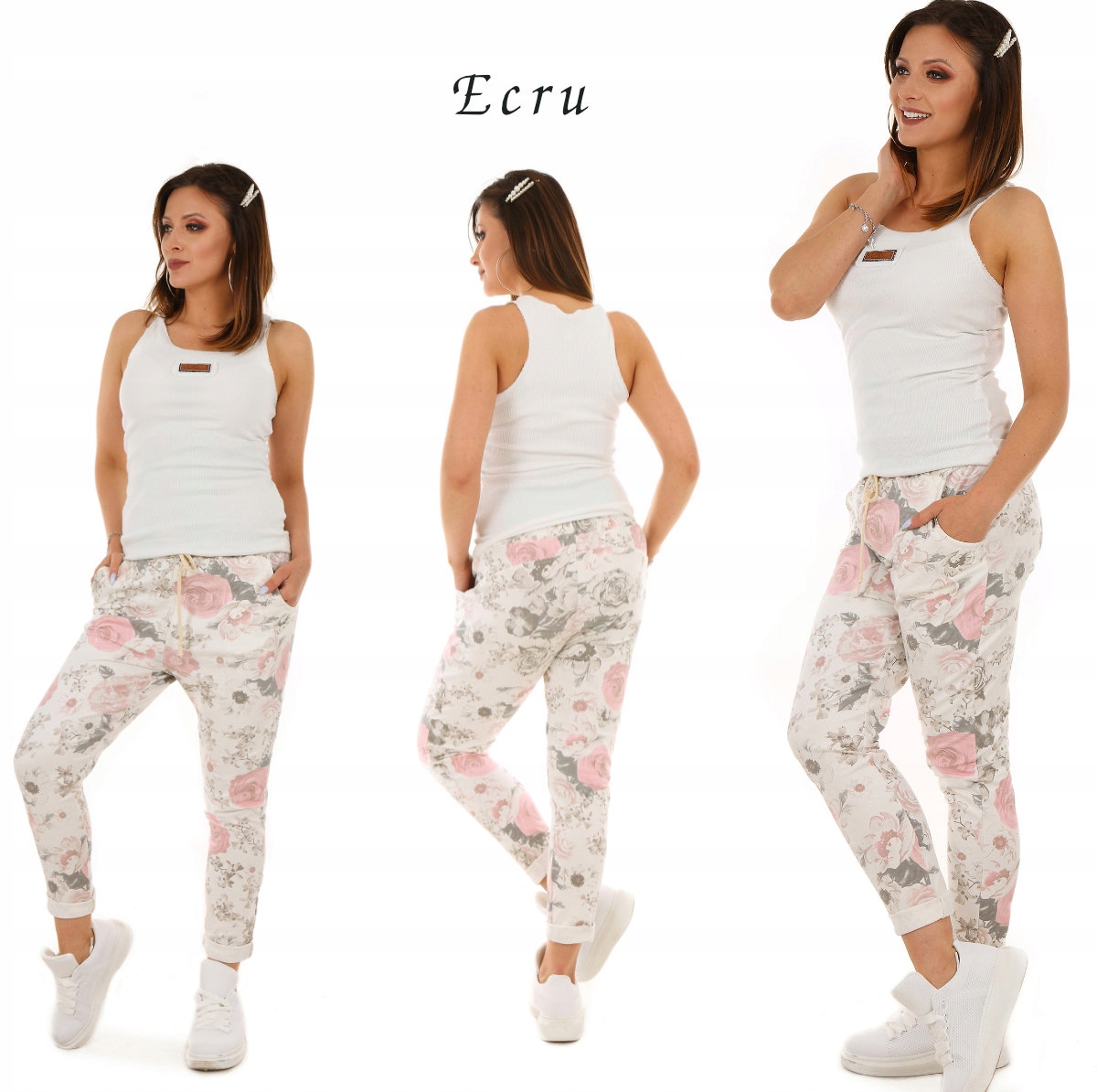 F443 Wygodne bawełniane SPODNIE DRESOWE w KWIATY Rozmiar L/XL