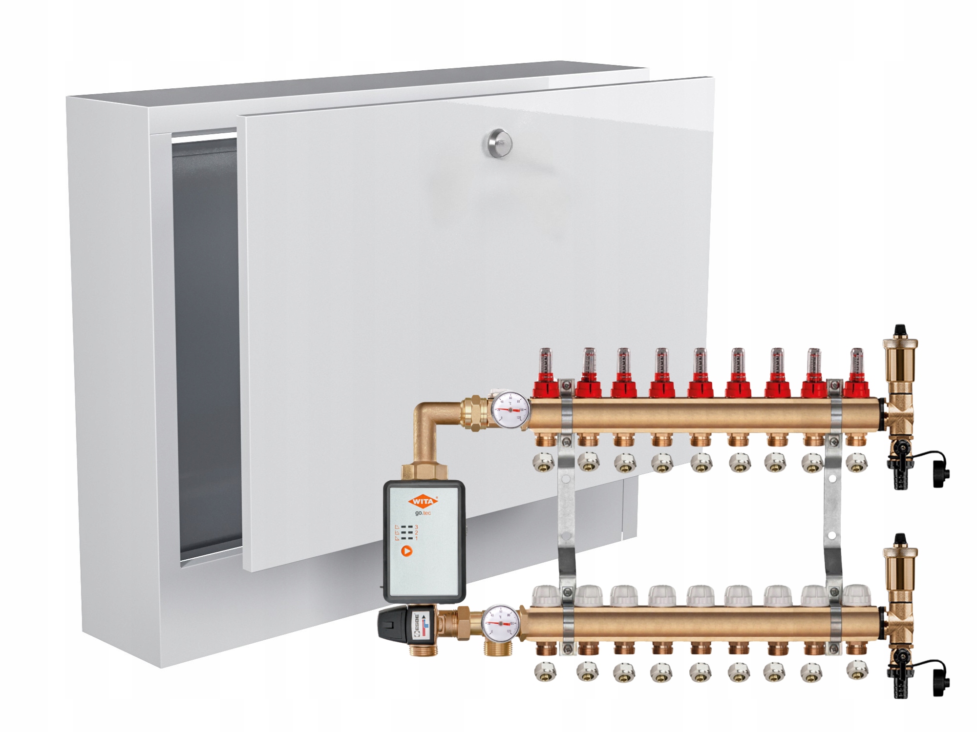 Mosazný Rozdělovač Podlah 9+ČERPADLO Vítá Go.tec+nástěnná Skříňka+pex