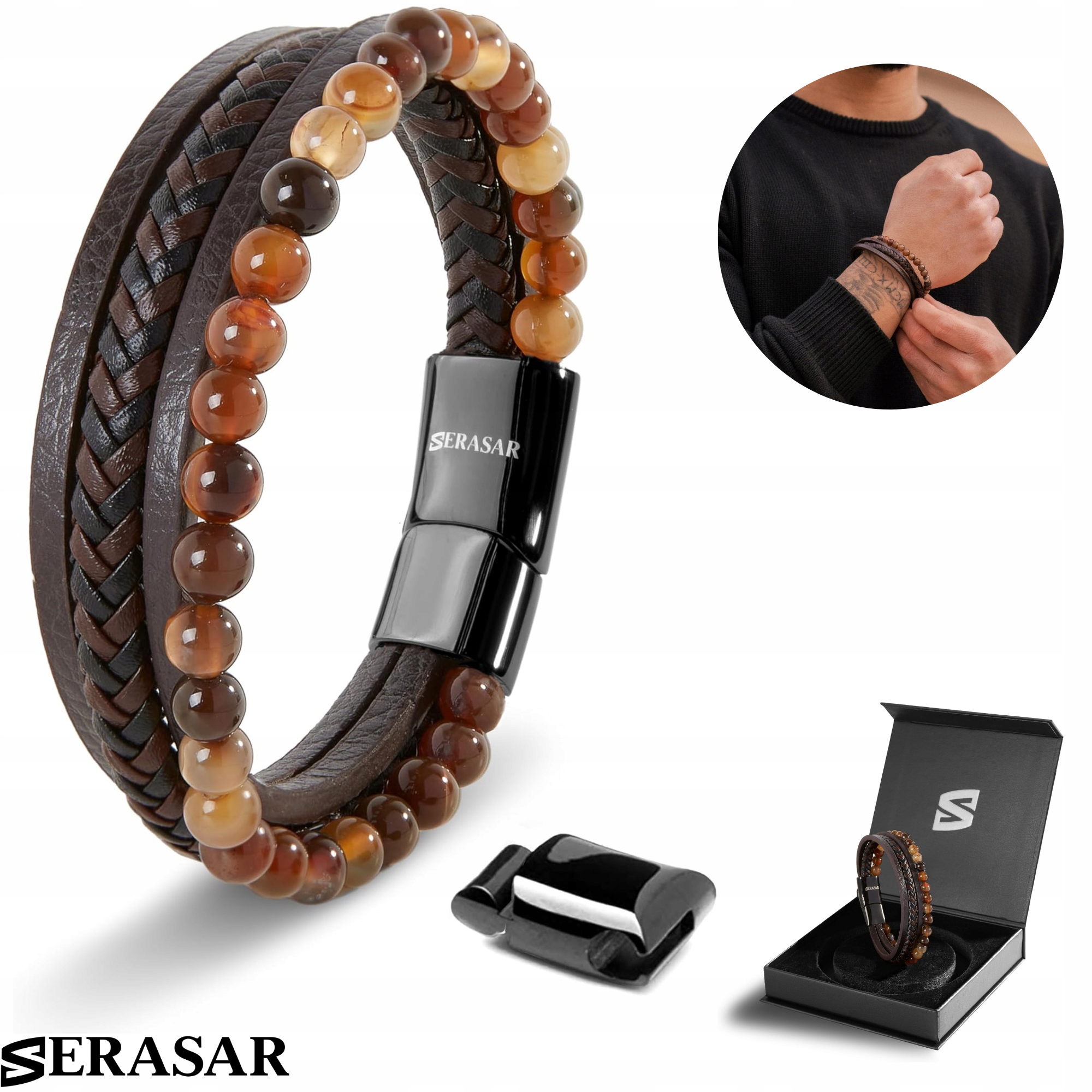 Serasar , Kožený náramek [kámen] pro muže, včetně dárkové krabičky, hnědý, 20 cm