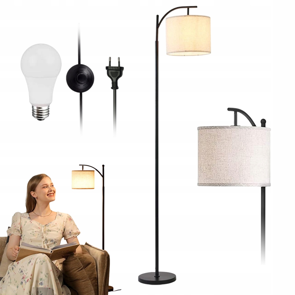 Moderní Podlahová Stojací Lampa 175 CM S Boho Lněným Stínítkem E27 Led