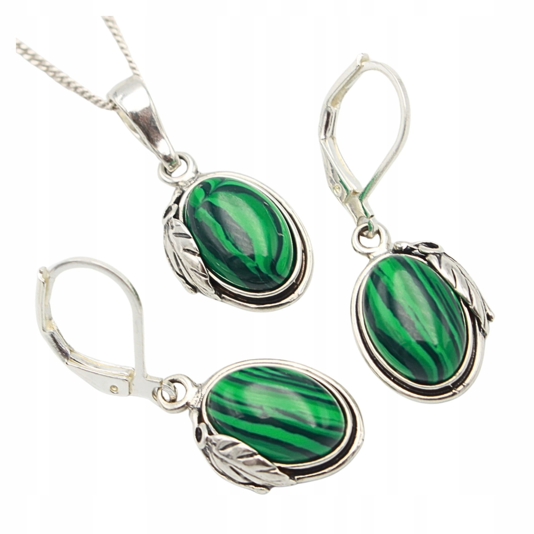 Komplet Stříbrných Lístečků z Malachitu řetízek