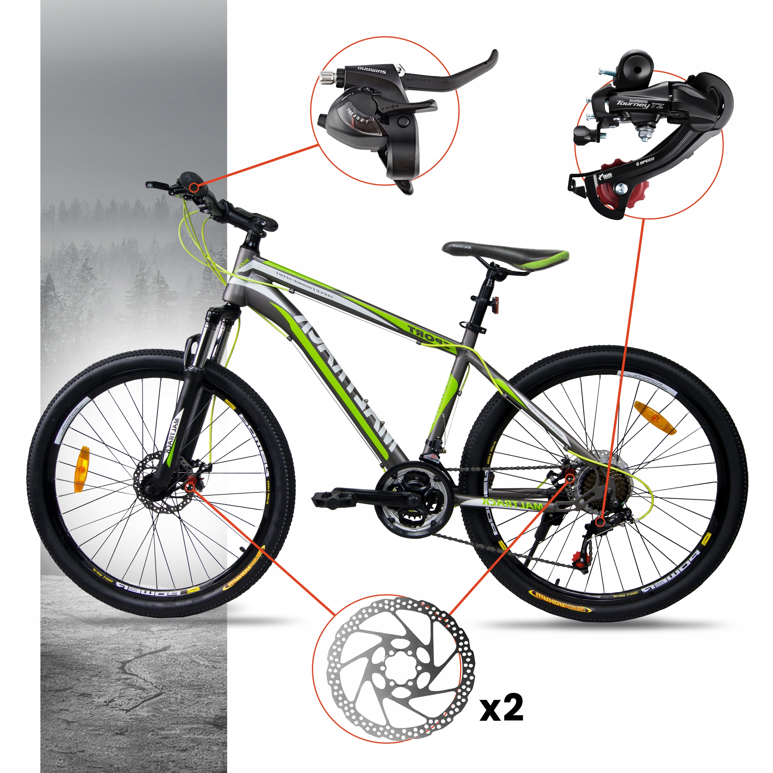 ROWER GÓRSKI MTB 26 SHIMANO 21 BIEGÓW 2xTarcze RAMA 18" KOŁA 26" na komunię Wyposażenie dodatkowe oświetlenie stopka